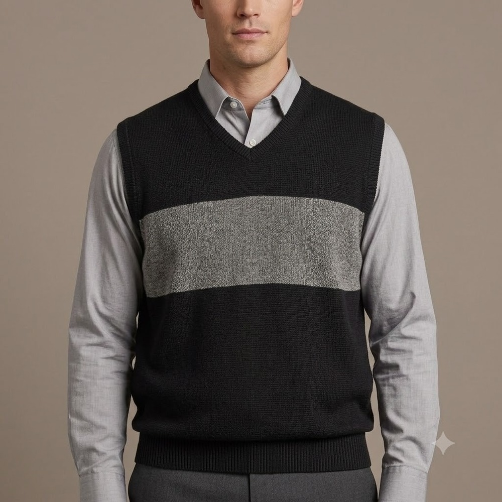 Nicklaus Mens‎ Sweater Vest L Black Gray Colorblock V Neck Cotton